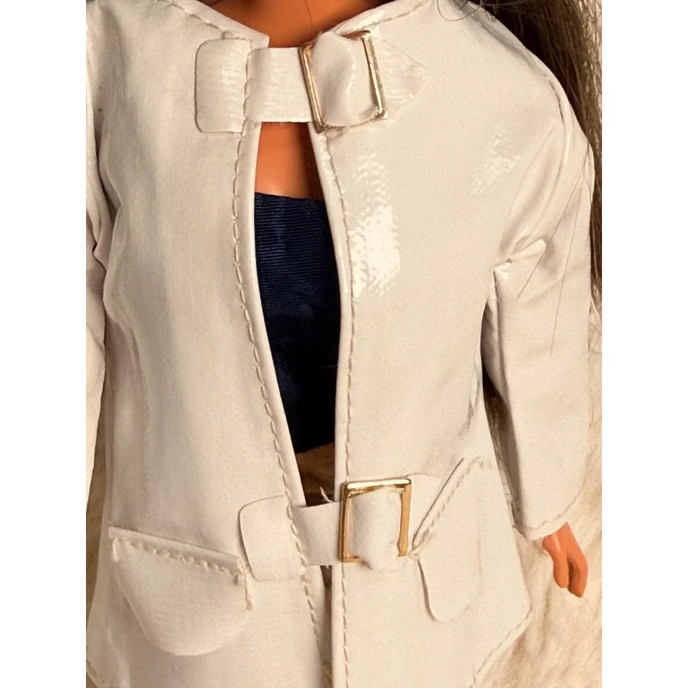 Vintage 1960s Barbie Clone White Faux Leather Coat Mod Doll Clothes Buckles